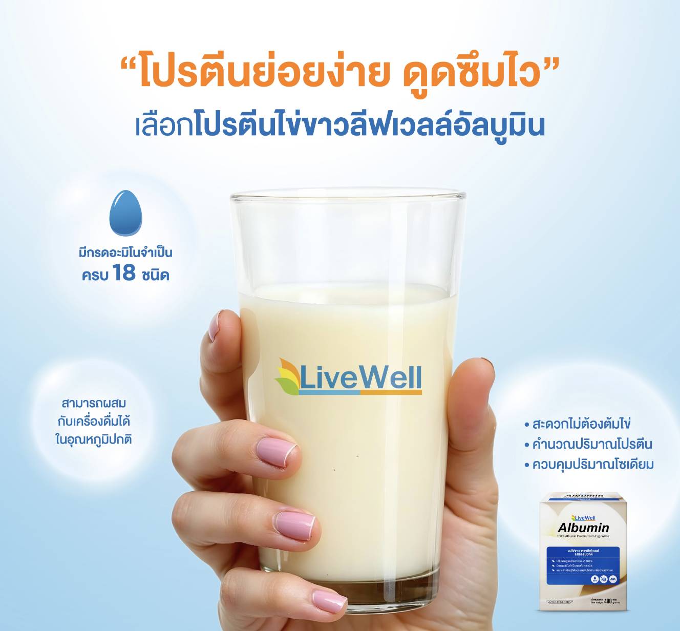 LIVEWELL อัลบูมิน รสน้ำผึ้งมะนาว 200g.