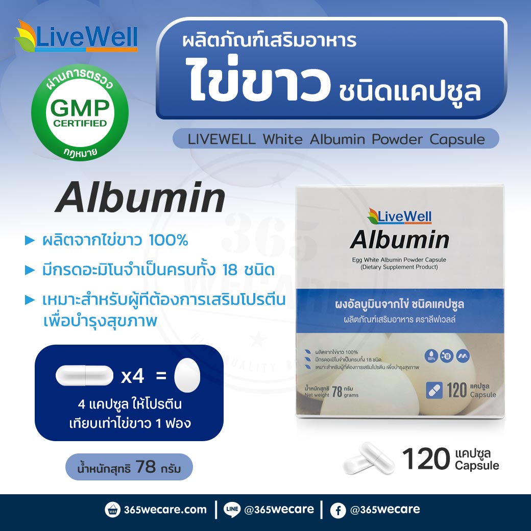 LIVEWELL Albumin 120Capsule. ลีฟเวลล์ ผงอัลบูมินจากไข่ ชนิดแคปซูล