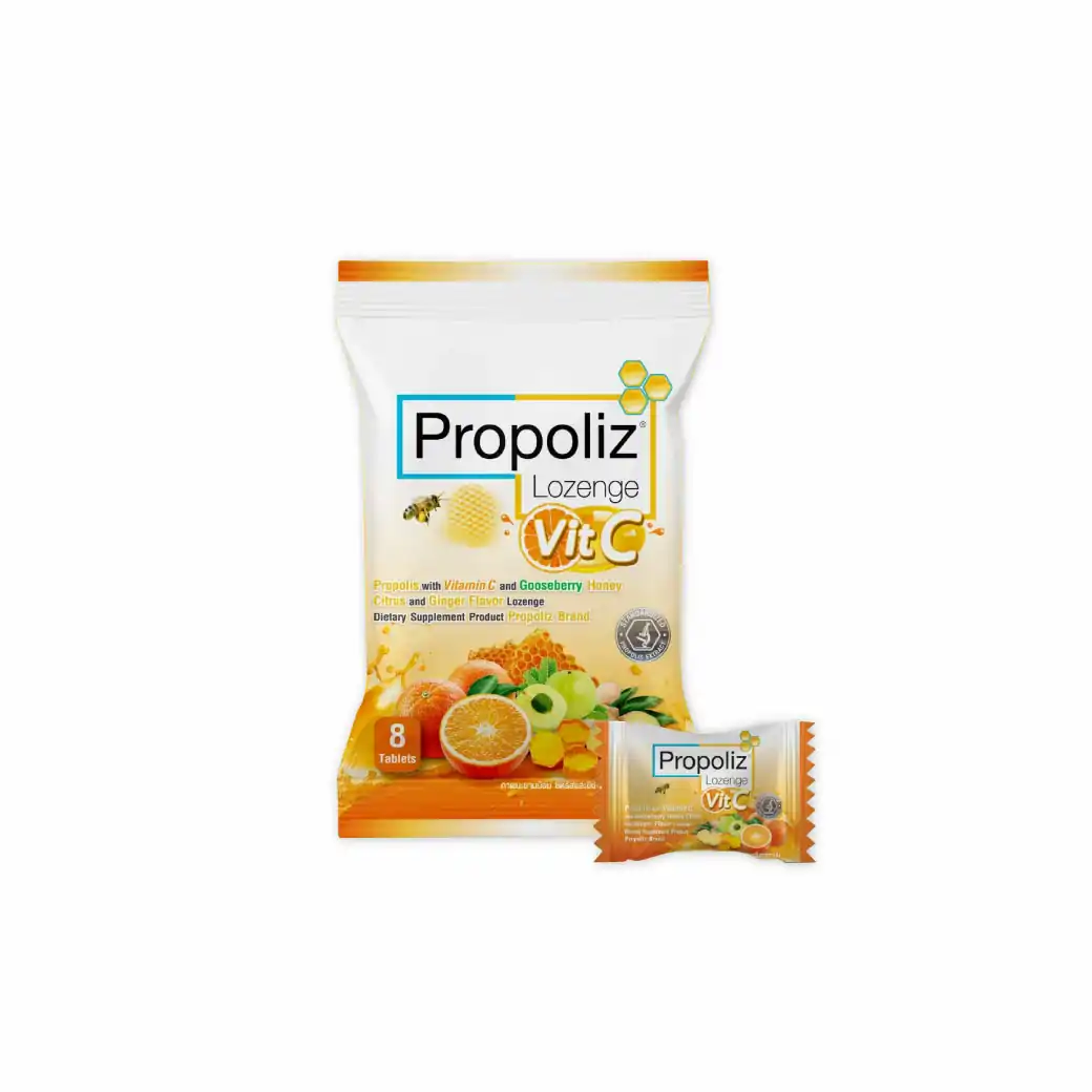 Propoliz Lozenge Vit C Citrus 8เม็ด. โพรโพลิส ผสมวิตามินซี และมะขามป้อม กลิ่นน้ำผึ้ง ซิตรัส และขิง ชนิดเม็ดอม