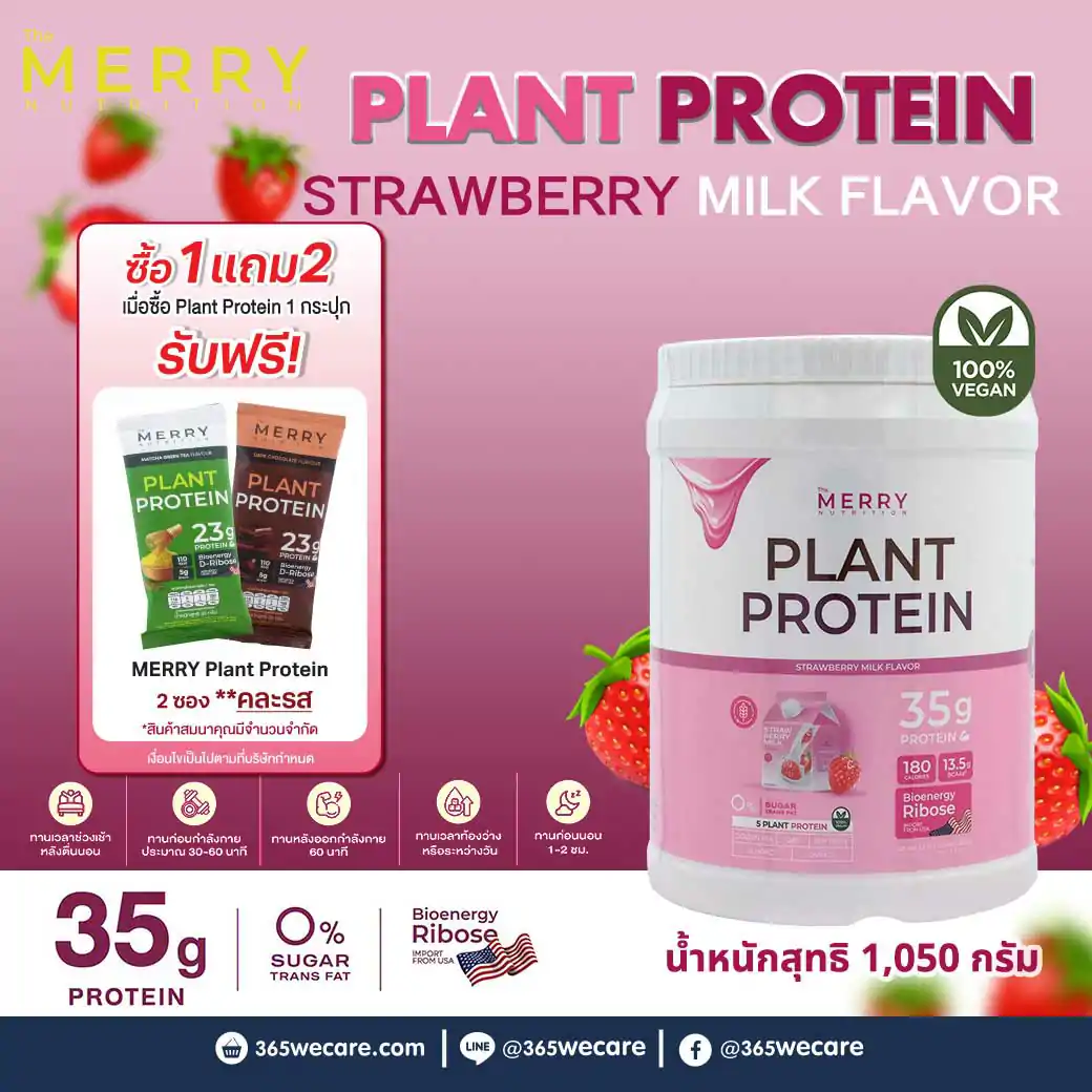 MERRY Plant Protein Strawberry 1050 g.เมอร์รี่ แพลนท์ โปรตีน กลิ่นสตรอว์เบอร์รี่