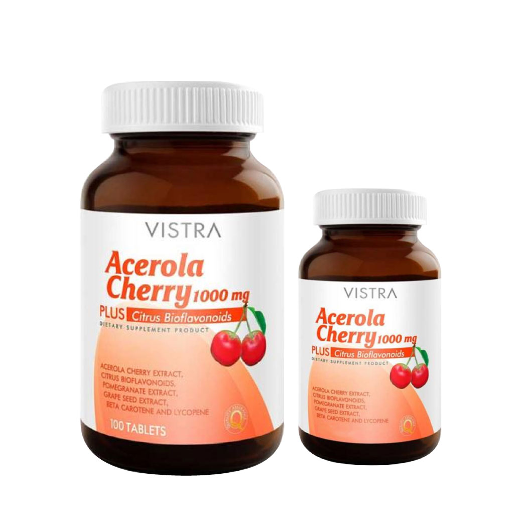VISTRA Acerola Cherry 1000 mg & Citrus Bioflavonoids Plus 100Tablets + 45Tablets. วิสทร้า อะเซโรลาเชอรี่ 1000 มก. & ซิตรัส ไบโอฟลาโวนอยด์ พลัส