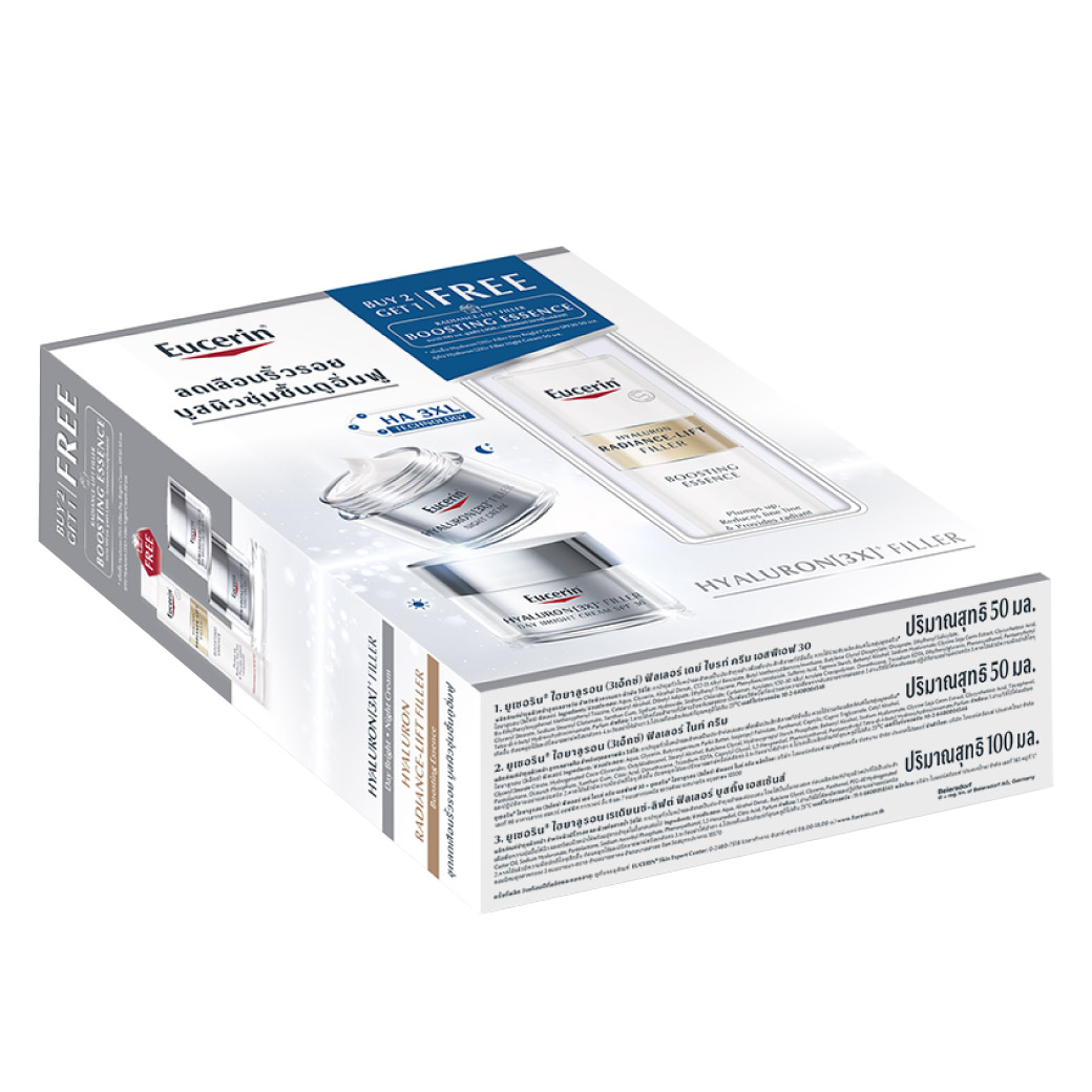 Eucerin HYALURON [3X]+ FILLER DAY BRIGHT CREAM SPF30 50 ML + NIGHT CREAM 50 ML FREE HYALURON RADIANCE-LIFT FILLER BOOSTING ESSENCE 100 ML ยูเซอริน ไฮยาลูรอน (3เอ็กซ์) ฟิลเลอร์ เดย์ ไบรท์ ครีม เอสพีเอฟ 30 50มล. + ไนท์ ครีม 50มล. + ฟรี ไฮยาลูรอน เรเดียนซ์-ลิฟต์ ฟิลเลอร์ บูสติ้ง เอสเซ้นส์ 100มล.