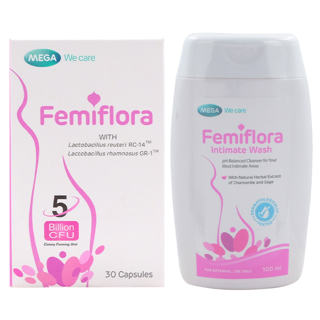 MEGA We Care Femiflora 30Capsules + Femiflora Intimate Wash 100ml. เมก้า วีแคร์ เฟมิฟลอร่า +  เฟมิฟลอร่า อินทิเมต วอช