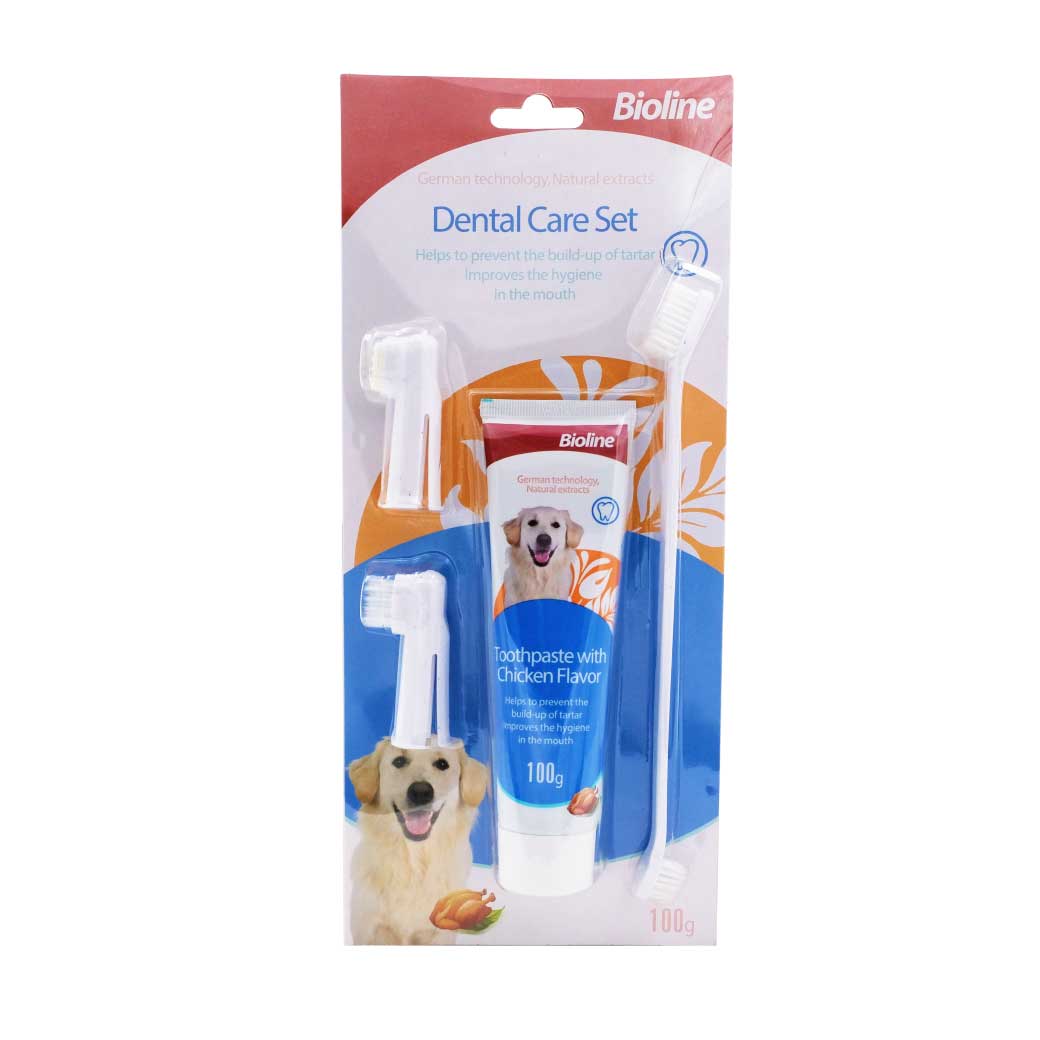 BIOLINE Dental Care Set 100g. ไบโอไลน์ ชุดแปรงและยาสีฟัน รสไก่ สำหรับสุนัข