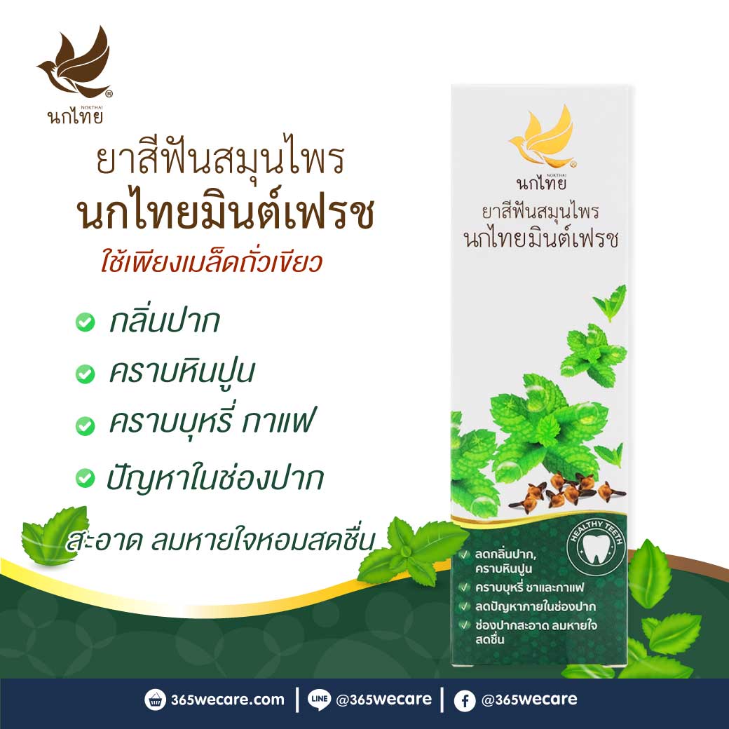 Nokthai Mint Fresh Herbal Toothpaste 100g. นกไทย ยาสีฟันสมุนไพร นกไทยมินต์เฟรช