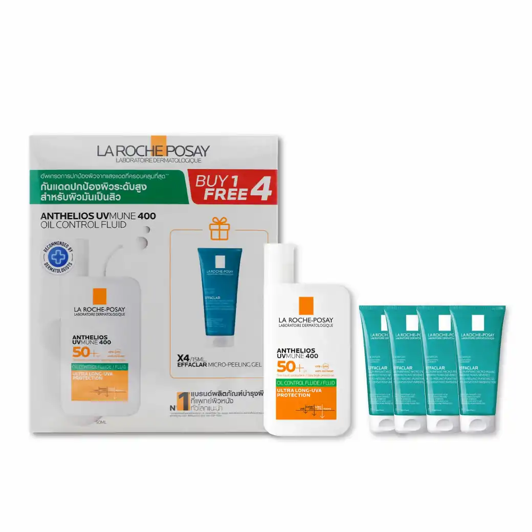 La Roche-Posay Anthelios UV Mune400 Oil Control Fluid SPF50 50ml.Free Effaclar Micro-Peeling Gel 15ml 4 ชิ้น ลา โรช-โพเซย์ แอนเทลิโอส ยูวี มูน400 ออยล์ คอนโทรล ฟลูอิด เอสพีเอฟ50+ ฟรี เอฟฟาคลาร์  ไมโคร-พีลลิ่ง เจล