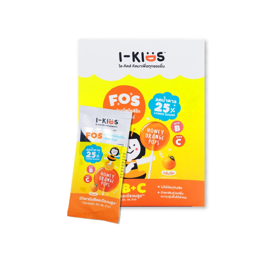 I-Kids Pops FOS Lower Sugar Orange 10ชิ้น ไอ-คิดส์ ป๊อบส์ ออเรนจ์ เฟลเวอร์ ลูกอมกลิ่นส้ม