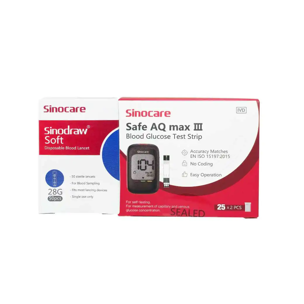 SINOCARE Safe AQ Max III Strip 50ชิ้น+เข็ม28G 50ชิ้น แผ่นทดสอบระดับน้ำตาลในเลือด