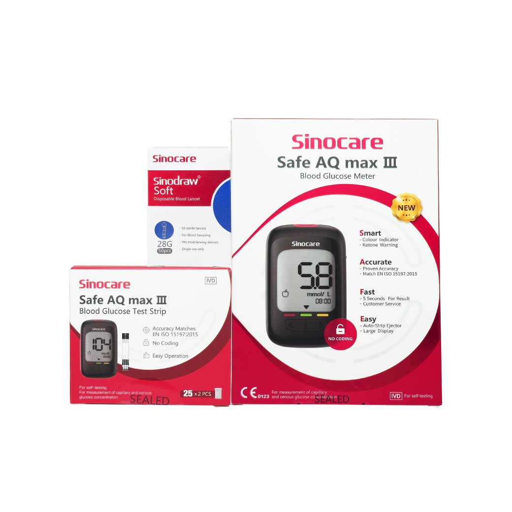 SINOCARE Safe AQ Max III Blood Glucose Monitor(Strips50+Lancet50) ซิโนแคร์  ระบบวัดระดับน้ำตาลในเลือด