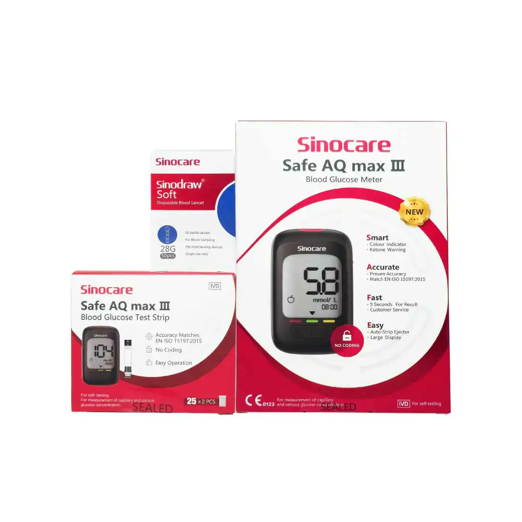 SINOCARE Safe AQ Max III Blood Glucose Monitor(Strips50+Lancet50) ซิโนแคร์  ระบบวัดระดับน้ำตาลในเลือด
