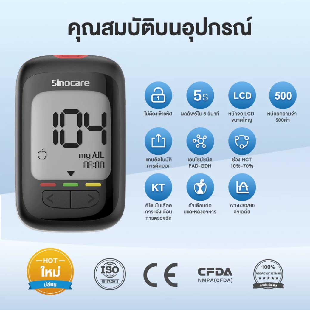 SINOCARE Safe AQ Max III Blood Glucose Monitor(Strips50+Lancet50) ซิโนแคร์  ระบบวัดระดับน้ำตาลในเลือด