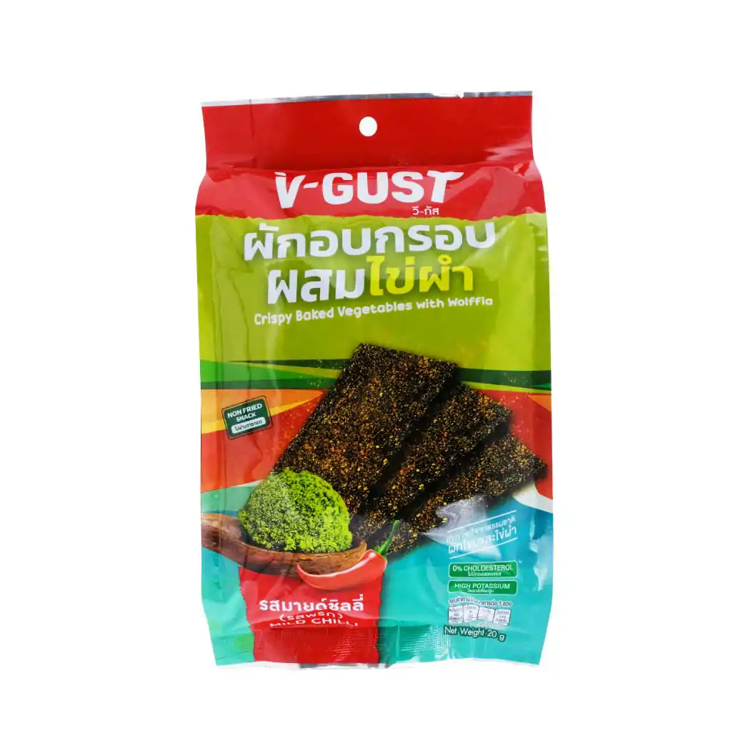 V-GUST วี-กัส ผักอบกรอบผสมไข่ผำ มายด์ชิลลี่ 20g.