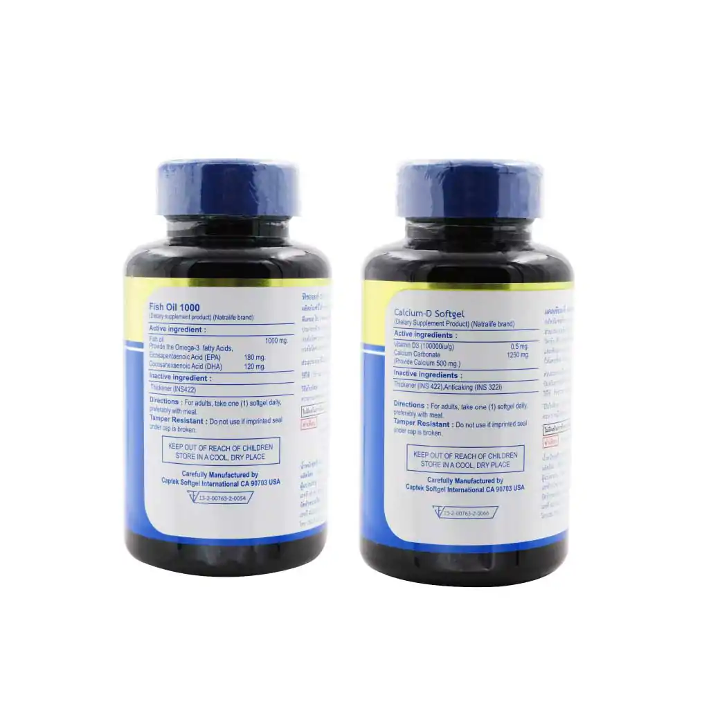 NatraLife Fish Oil 1000mg. 30ซอฟเจล.+Calcium-D Softgel 60ซอฟท์เจล. นาทรา ไลฟ์ ฟิช ออยล์ 1000มก.+แคลเซียม-ดี ซอฟท์เจล