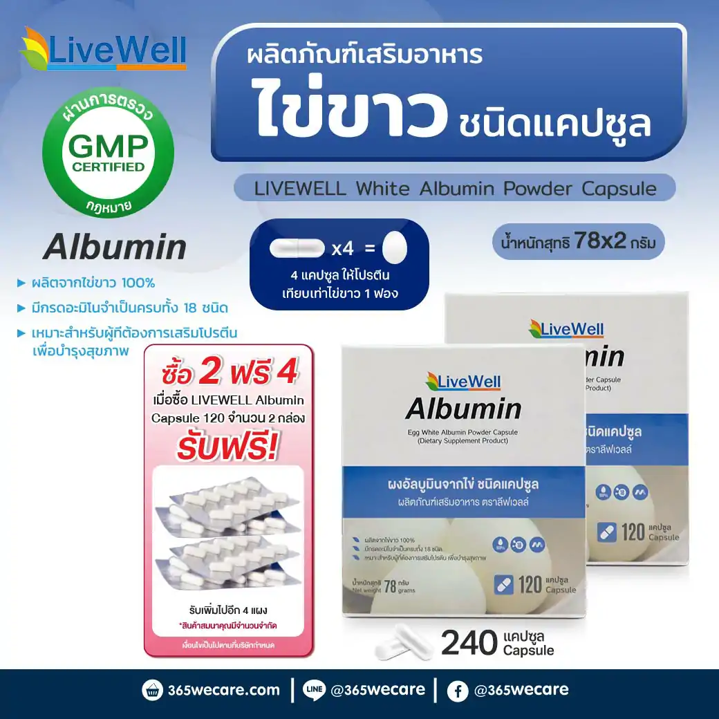 LIVEWELL Albumin 120Capsule. ลีฟเวลล์ ผงอัลบูมินจากไข่ ชนิดแคปซูล
