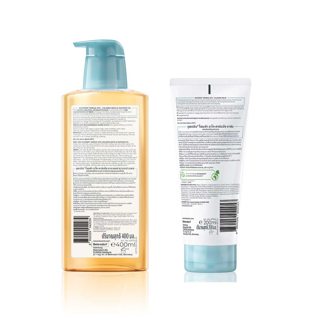 EUCERIN Omega Ato-Calming Bath&Shower Oil 400ml.+Omega Ato-Calming Balm 200ml. ยูเซอริน โอเมก้า อะโท-คาล์มมิ่ง บาท แอนด์ ชาวเวอร์ ออยล์+โอเมก้า เอโท-คาล์มมิ่ง บาล์ม