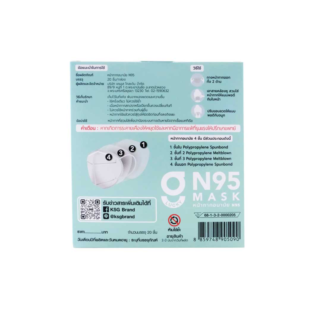 GLUCKY N95 Mask สีขาว กล่อง20ชิ้น หน้ากากอนามัย N95