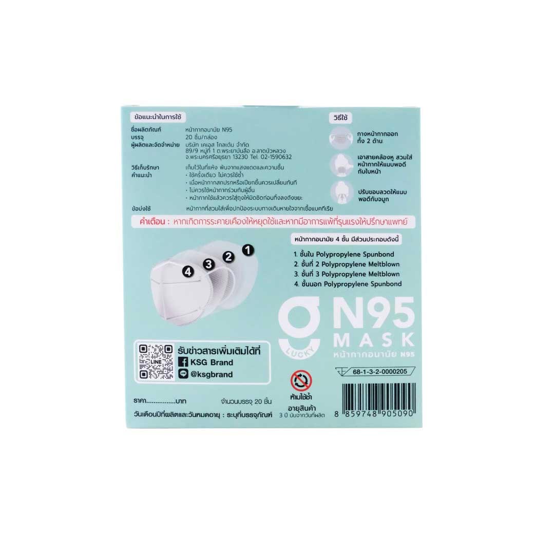 GLUCKY N95 Mask สีขาว กล่อง20ชิ้น หน้ากากอนามัย N95