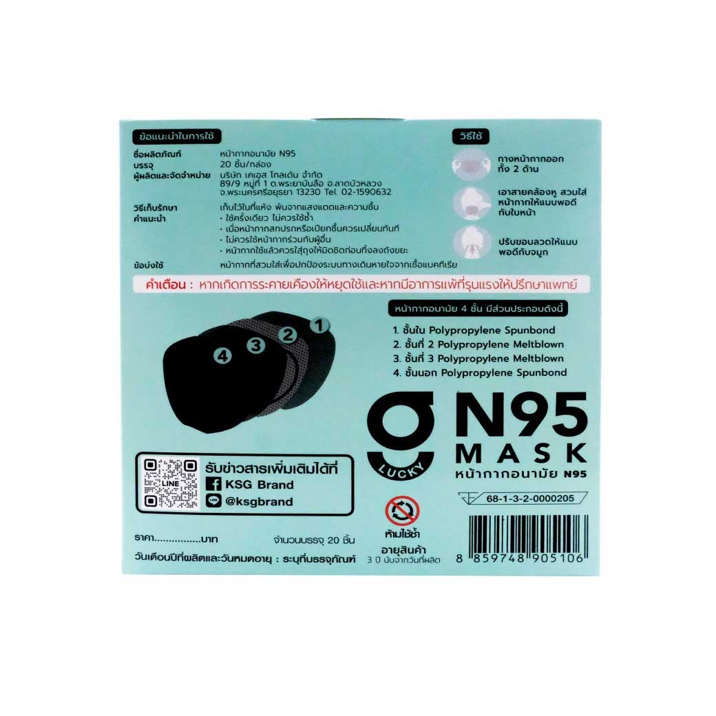 GLUCKY N95 Mask สีดำ กล่อง20ชิ้น หน้ากากอนามัย